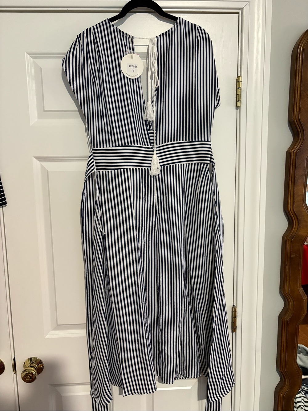 Navy and White Striped Midi Dress with Tie waist